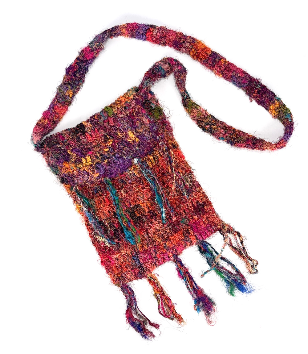 Colorful 100% Silk Crossbody Bag Boho Handbag Fringe Purse Nepal 12x11 In